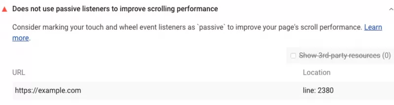 Screenshot of PageSpeed Insights showing a warning the site doesn't use passive listeners to improve scrolling performance. 