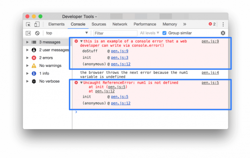 Screen Shot of the Chrome DevTools showing 2 Website Errors in the Console