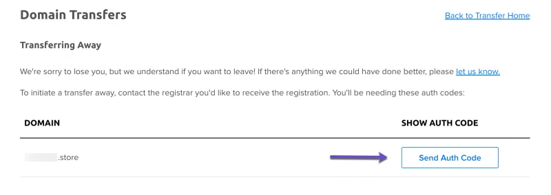 Transferring Away Send Auth Code