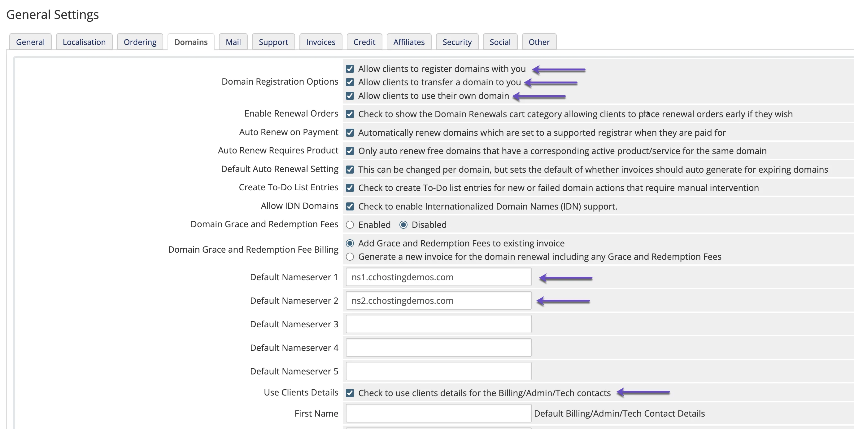 WHMCS General Settings Domains