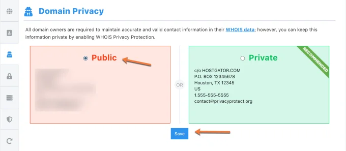 Is it possible to delete any WHOIS data from owner/admin contact?