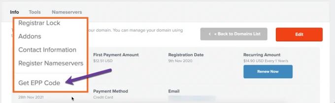 Domain EPP Code FastComet