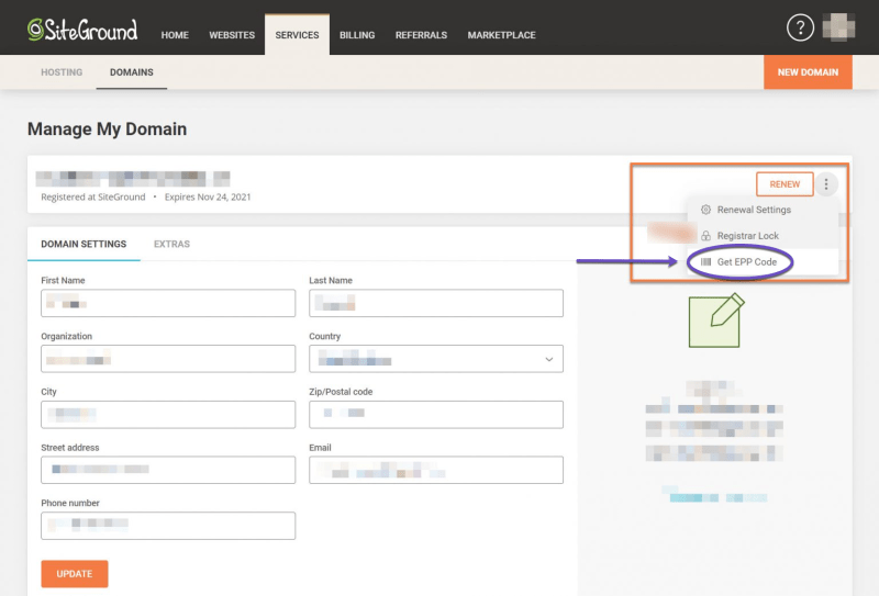 SiteGround Get Domain EPP Code