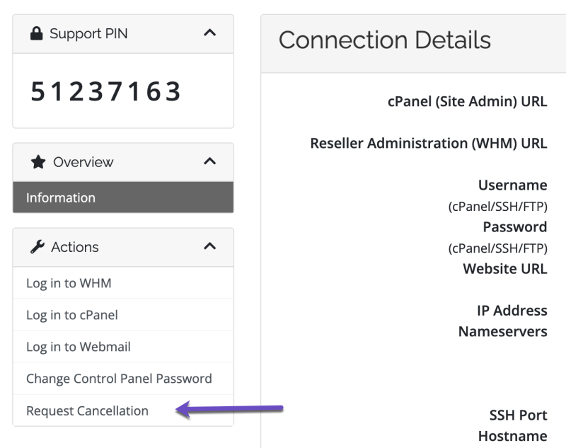 A2 Hosting > Actions > Request Cancellation
