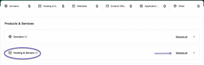 Hosting.com dashboard > Product & Services > Hosting & Servers