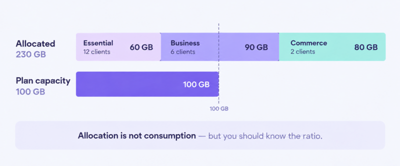 Bar comparison showing 230 GB allocated across 20 client packages against a 100 GB plan capacity.