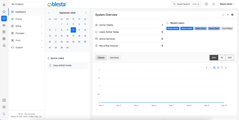 Screenshot of the Blesta version 6.0 administrator dashboard showing the redesigned interface.