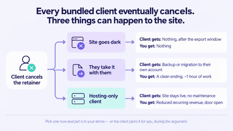 Diagram showing three outcomes when a client cancels a bundled hosting retainer: the site goes dark, the client takes the site with them, or the client continues as a hosting-only customer.