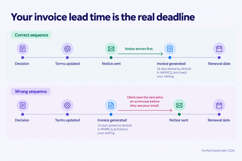 Two timelines comparing a price increase announced before invoice generation with one announced after, showing the client receiving the new price on an invoice first in the second case.