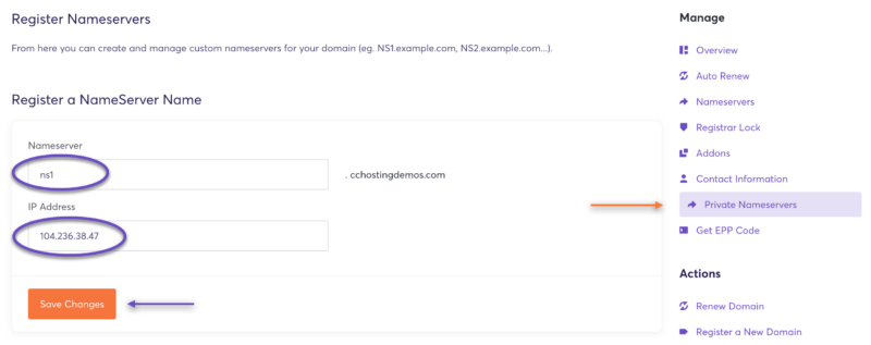 Register private nameservers