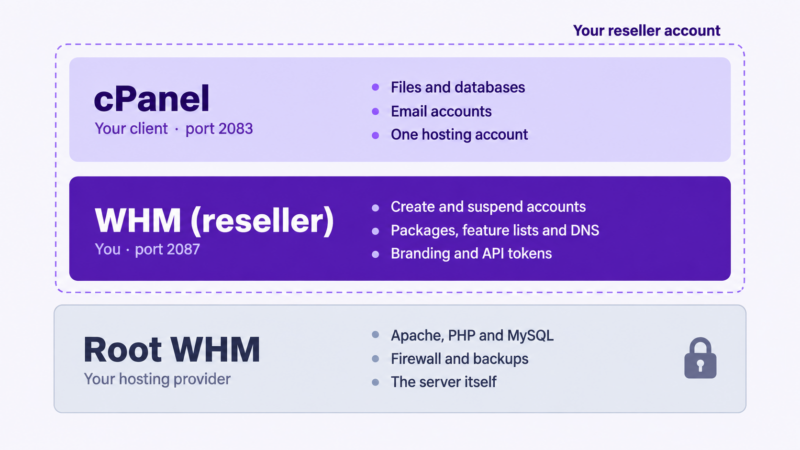 Three layers of hosting access: cPanel controls one website, reseller WHM controls all your client accounts, and root WHM controls the server and is held by your hosting provider.