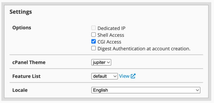 WHM » Add a Package — Settings section