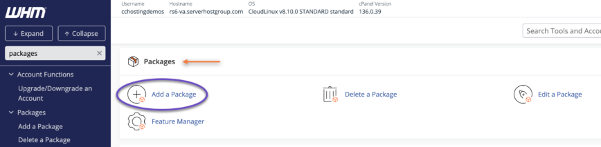 WHM > Packages > Add a Package