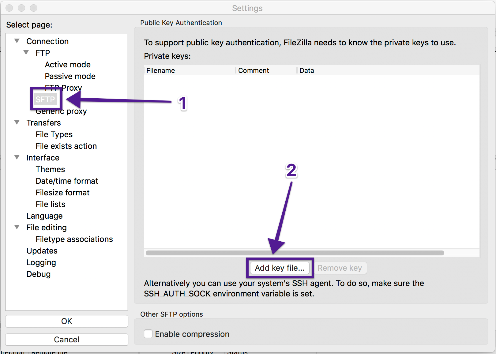 where is filezilla ssh key