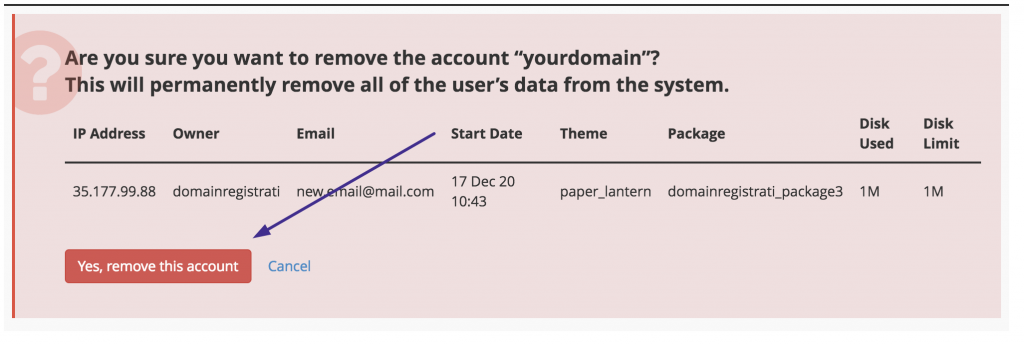 Terminate the account WHM