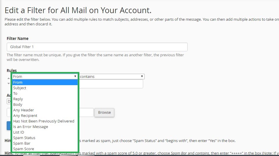 configure email filter Rules