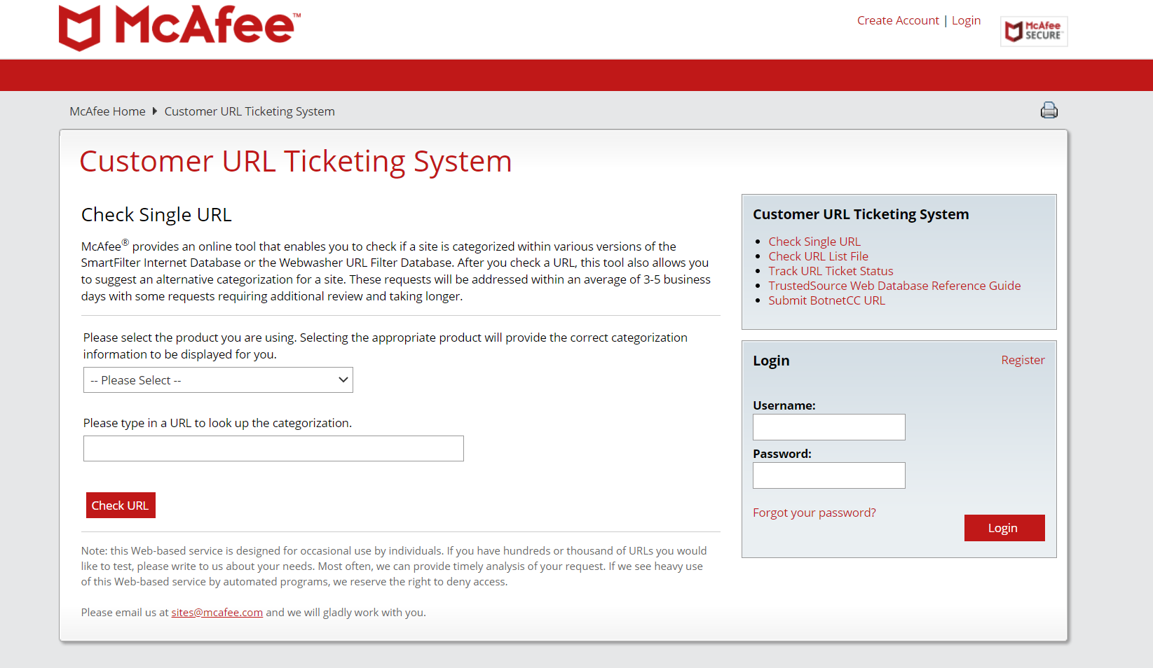 McAfee Customer Ticketing System